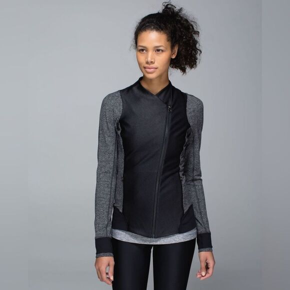 Lululemon Emerge Renewed Black & Gray Herringbone Asymmetrical Full Zip Jacket 2 - Picture 1 of 14